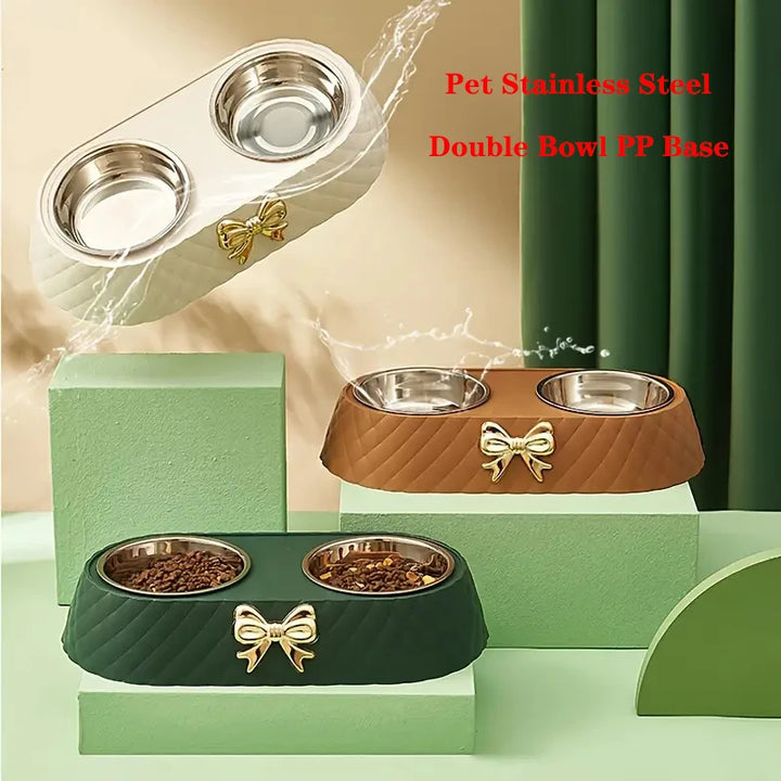 Double Pet Bowl – Stainless Steel Food & Water Feeder with Bow-Tie Design