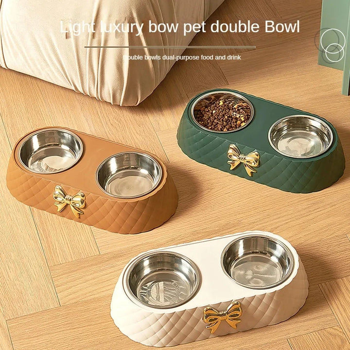 Double Pet Bowl – Stainless Steel Food & Water Feeder with Bow-Tie Design